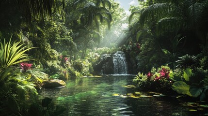 Fototapeta premium Lush Tropical Paradise Waterfall and Pond Scene with Abundant Greenery