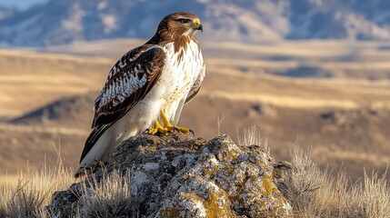 Hawk Perched on Rock, Mountain Desert Landscape