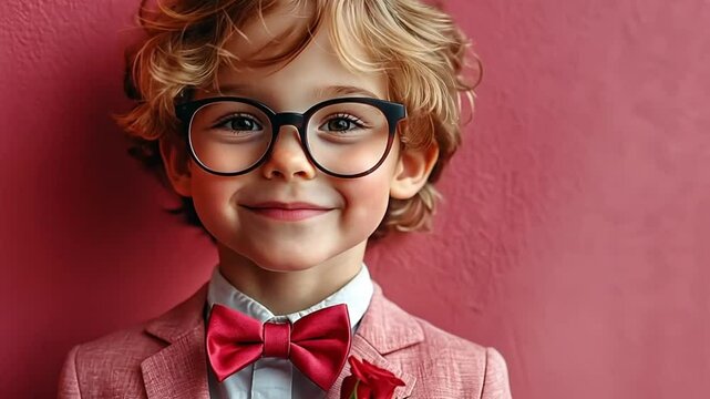 Boy in suit with roses against a pink wall. Possible stock photo use