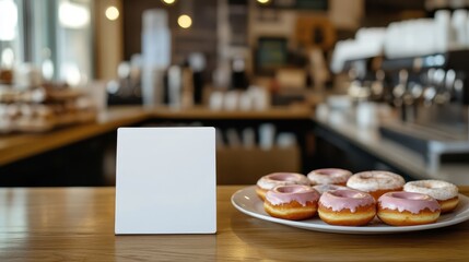 Fototapeta premium Minimalist bakery ambiance featuring a blank whiteboard and a delicious donuts on a counter bar, perfect for marketing.