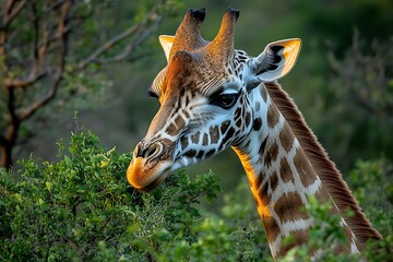 Giraffe Portrait in African Savanna at Sunset