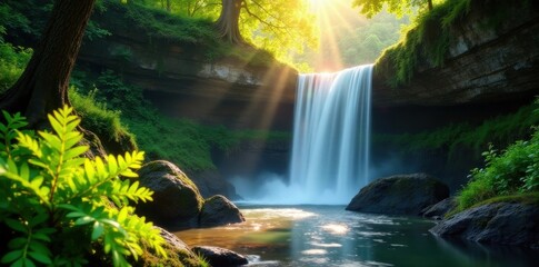 Sunlit waterfall plunges through verdant forest, ferns carpet rocks , peaceful, fern, natural