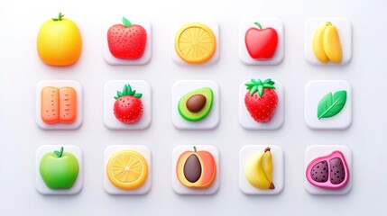 Flat lay of colorful cartoon fruits on white background. Possible use for children's education or healthy eating
