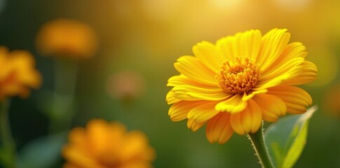 Sunlit yellow terry zinnias, soft focus background , blurry, nature