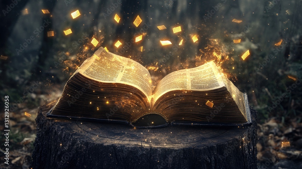 Poster enchanted open book with glowing particles surrounded by nature in a mystical forest setting
