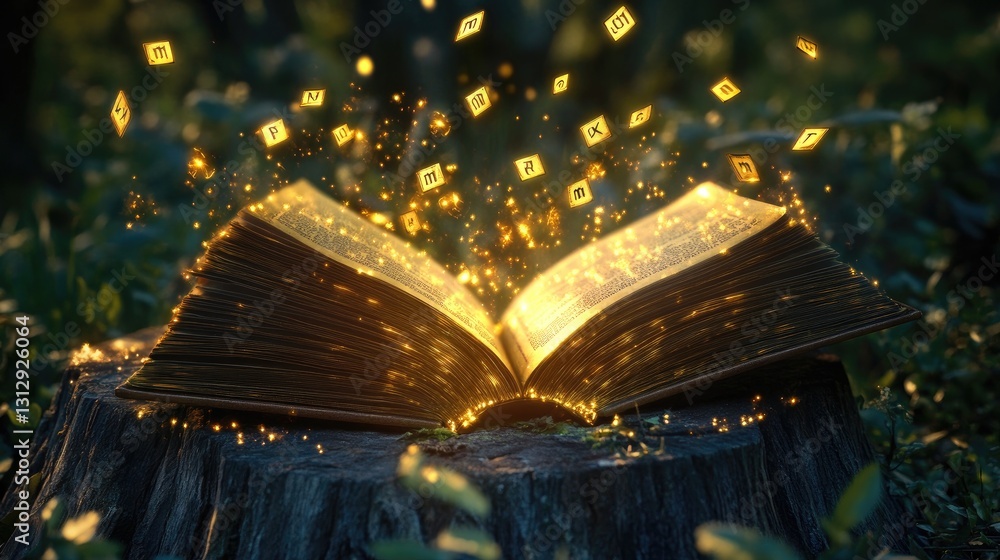 Poster enchanted open book surrounded by sparkling symbols in a mystical forest setting