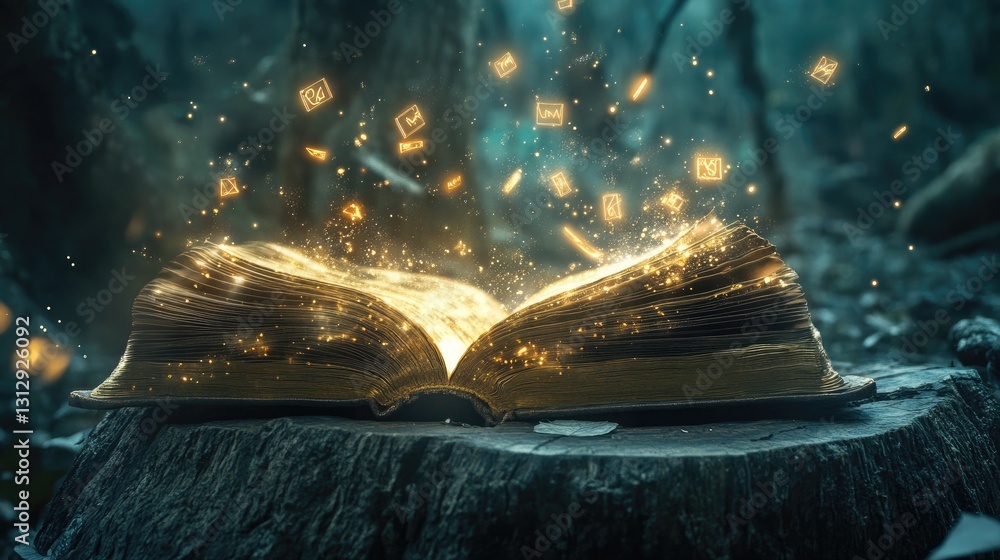 Poster enchanted book with glowing pages and floating symbols in mystical forest setting