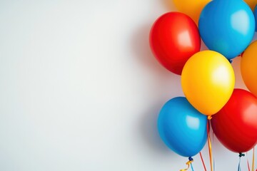 a white wall with colorful balloons for birthday party backdrops, on a white background Web banner with copy space Generative AI