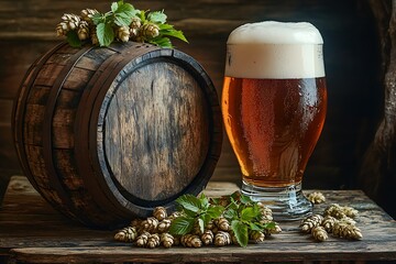 Glass of Beer with Wooden Barrel and Hops