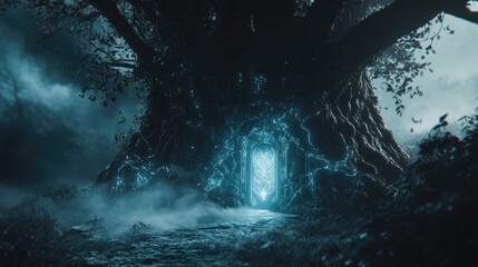 Fototapeta premium Mysterious Ancient Tree with Glowing Doorway in Enchanted Forest at Night