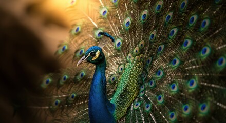 Obraz premium Graceful Peacock Stance in Natural Setting with a Soft Focus Background