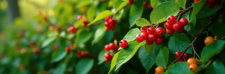 Obraz premium Abundant buckthorn berries covering a bush in a protected area , outdoors, red, texture