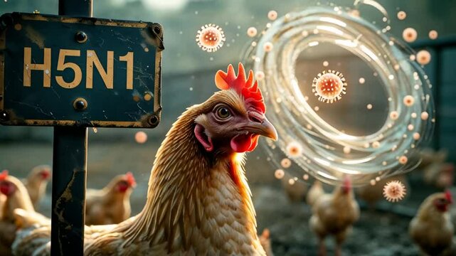 chicken close up with H5N1 sign on poultry farm
