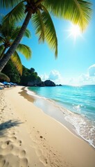 Obraz premium Bright sunlit beach scene with vibrant colors, photography, sun, tropical