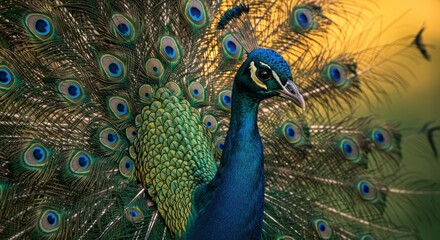 Obraz premium Elegant Peacock Displaying Its Colors in Cinematic Style with a Soft Background