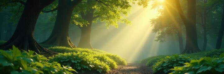 Serene Asian features, deep breaths, sun-dappled forest, ecology, woman, vibrant