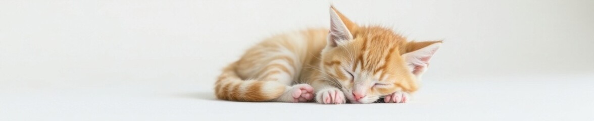 Small kitten sleeps soundly on a clean white backdrop , kitten, ginger