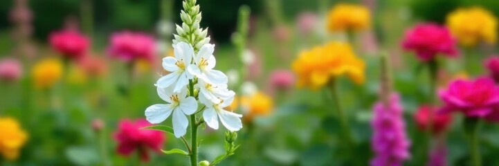 Fototapeta premium Simple white verbascum in a summer garden Roses and salvia provide a colorful backdrop , summer bloom, minimal, plant