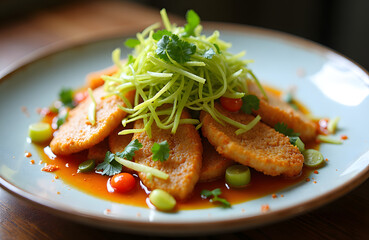 A plate of Thai style crispy catfish salad topped with shredded green mango and spicy dressing