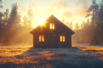 A Beautiful Wooden Cabin Bathed in Golden Sunrise Light Surrounded by Misty Trees in a Serene Natural Landscape