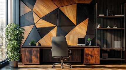 Modern office workspace with wooden wall decor