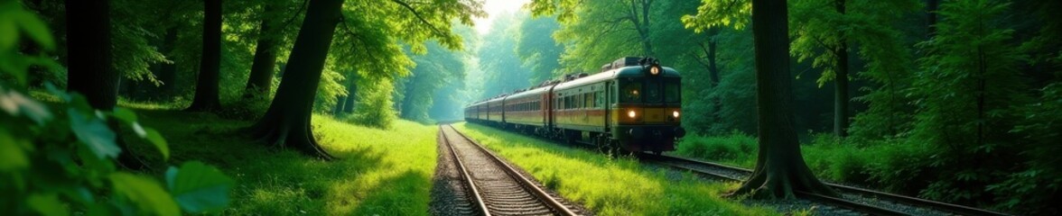 Obraz premium Emerald green canopy surrounds a train, peaceful landscape , woods, railway