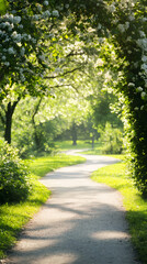 Sunlight filtering through blossoming branches, revealing winding pathway amid lush greenery and soft springtime ambiance