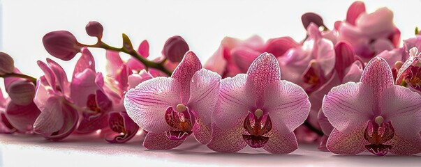 Obraz premium Pink orchid blossoms isolated on a white background showcasing the beauty of spring nature with vibrant flower heads perfect for floral designs and artistic inspirations