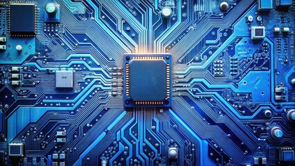 Fototapeta premium Complex blue electronic circuit board with integrated wires and components, surrounded by a grid of tiny circuitry details , modern technology, technological circuit
