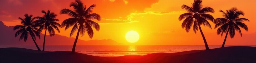 Majestic palm trees silhouette against sunset over golden sand , travel, vacation, seascape
