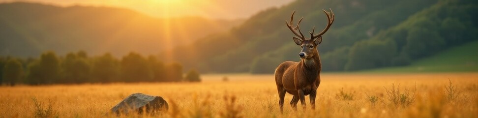 Majestic mule deer buck, antlers gleaming against gold and green landscape, regal, majestic, wild