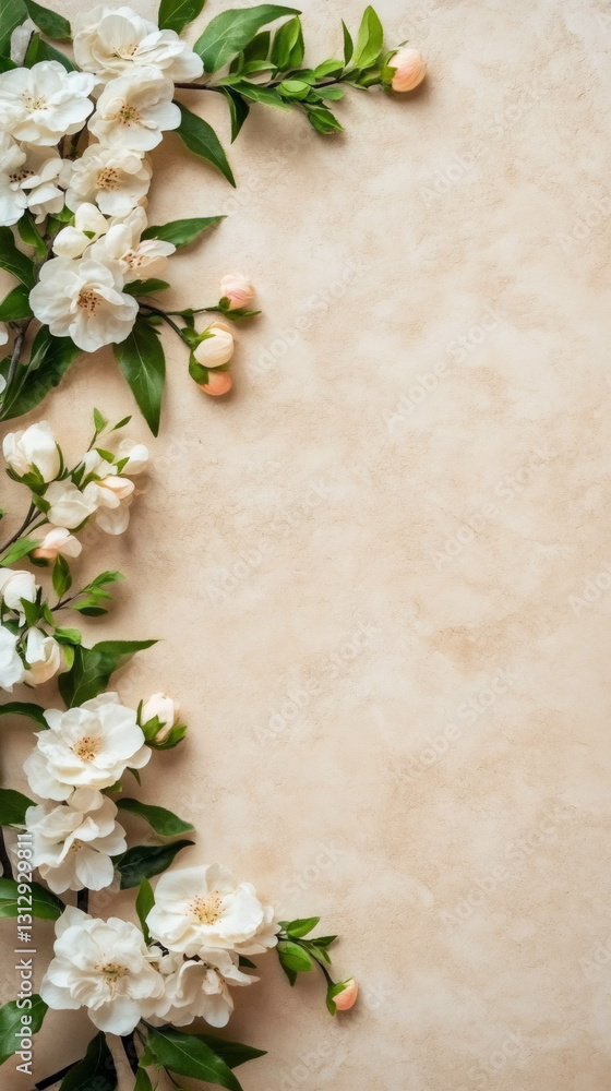 Poster White flowers and buds creating a border on a textured beige background, leaving an empty space perfect for text and design projects
