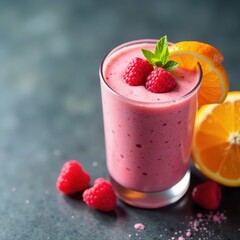 Close-up of creamy raspberry orange smoothie with fruit , diet, natural