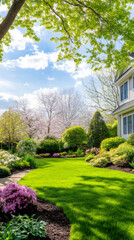 Beautiful landscaping with vibrant green grass, colorful flowers, and blossoming trees creates an inviting atmosphere around a suburban home