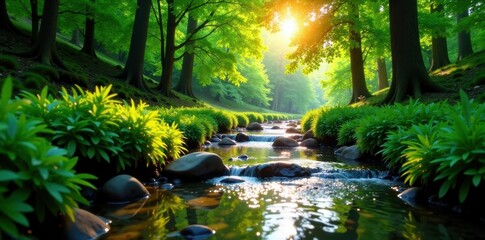 Sun-dappled stream flows through lush green forest, green, clear, cascade