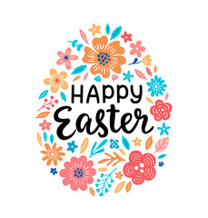 Happy Easter hand-drawn lettering phrase on the ornate floral egg background. Greeting card design with flower and leaf pattern. EPS 10 vector illustration.