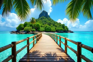 Bamboo bridge arches over turquoise sea, leading to lush tropical island , bamboo bridge, vibrant, blue