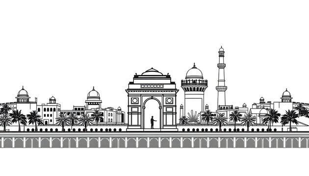 tCity skyline of Delhi. Detailed vector skyline of Delhi, centered on India Gate and Qutub Minar, smooth lines, architectural balance, monochrome style, white background.he hungarian parliament