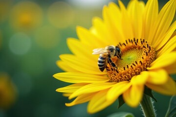 Busy bee collects pollen from giant sunflower , flower photography, sunlight