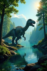 Fototapeta premium Giant dinosaur bones stand amidst tranquil lake, sun dappled forest surrounds, water, nature, primeval