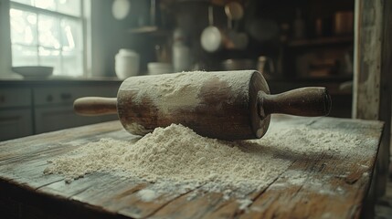 Rustic wooden rolling pin dusted with flour on a wooden table in a vintage kitchen