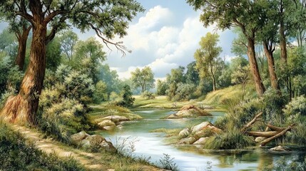 Serene Landscape Painting of a River Winding Through a Lush Green Forest