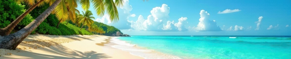 Obraz premium Azure waters lap golden sand, palms sway gently , coastline, relaxation, sand