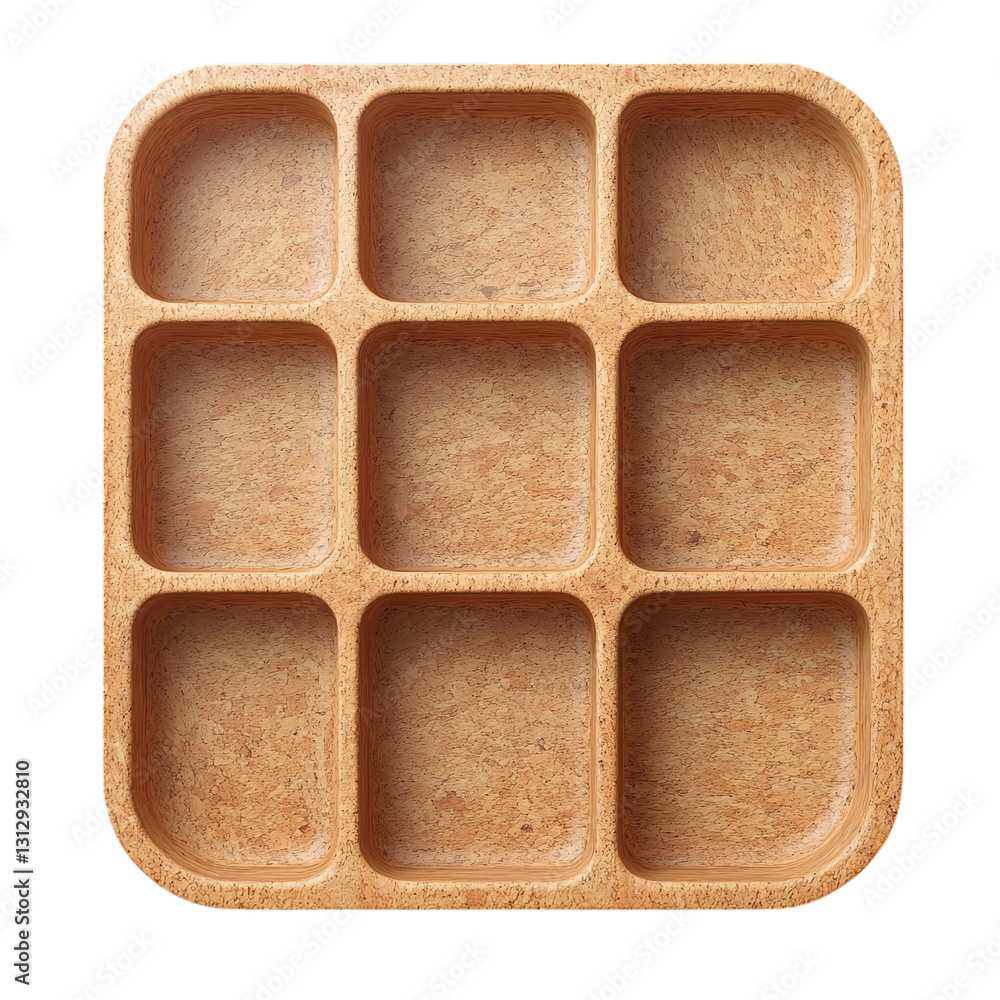 Poster cork tray with multiple compartments isolated on transparent background