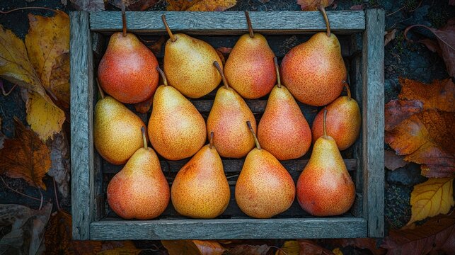 Rustic wooden crate filled with ripe, reddish-yellow pears, nestled on autumn leaves
