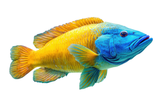 Brightly colored fish swimming in clear water showcasing vibrant yellow and blue hues against a white background