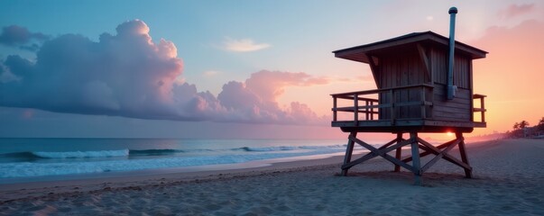 Classic wooden lifeguard tower at dusk overlooking tranquil beach , lifeguard tower, image