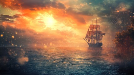 Fototapeta premium Fantasy ship at sunset on the sea. Possible use Stock photo