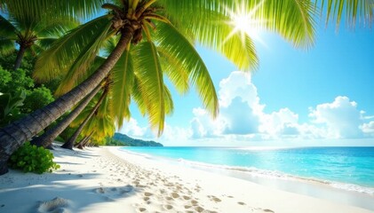 Sun-drenched palm trees arch over pristine white sand beach, blue, tropical