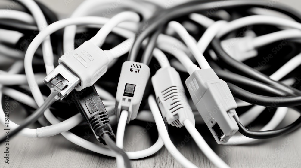 Poster tangled data cables and connectors create messy unorganized digital chaos